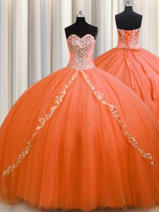 Gorgeous Lace Up Quinceanera Dresses Orange for Military Ball and Sweet 16 and Quinceanera with Beading Brush Train