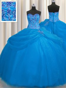 Really Puffy Sleeveless Floor Length Beading Lace Up 15th Birthday Dress with Blue