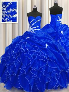 Beading and Appliques and Ruffles Sweet 16 Dress Royal Blue Lace Up Sleeveless Floor Length