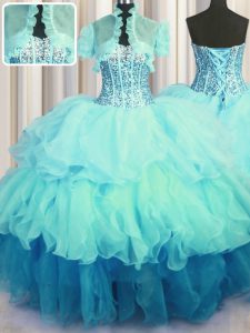 Customized Visible Boning Bling-bling Sleeveless Lace Up Floor Length Beading and Ruffled Layers Quinceanera Gown