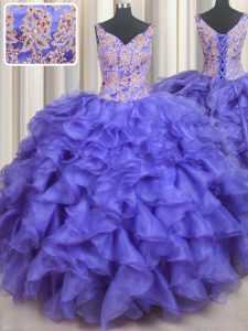 Floor Length Blue Quinceanera Dresses V-neck Sleeveless Lace Up