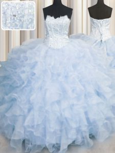 Light Blue Quinceanera Gowns Military Ball and Sweet 16 and Quinceanera and For with Ruffles Scalloped Sleeveless Lace U