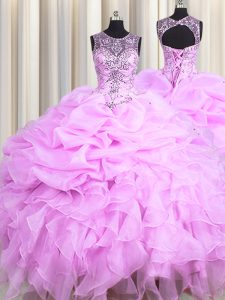 Scoop See Through Floor Length Ball Gowns Sleeveless Lilac Sweet 16 Quinceanera Dress Lace Up