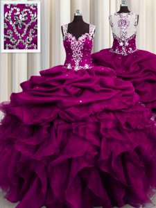 Latest See Through Back Fuchsia Organza Zipper Straps Sleeveless Floor Length Quinceanera Gowns Beading and Ruffles and 