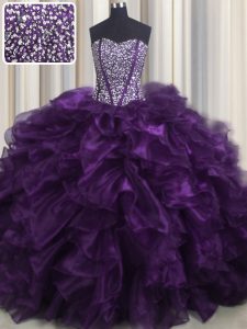 Bling-bling Brush Train Purple Ball Gowns Beading and Ruffles 15th Birthday Dress Lace Up Organza Sleeveless With Train