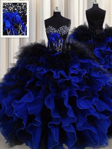 Customized Blue And Black Sleeveless Floor Length Beading and Ruffles Lace Up Quinceanera Gown