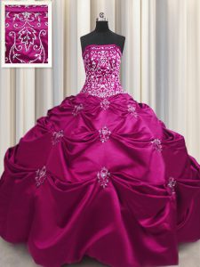 Fuchsia Taffeta Lace Up Strapless Sleeveless Floor Length Quinceanera Gowns Beading and Appliques and Embroidery