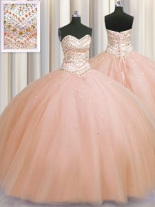 Delicate Bling-bling Really Puffy Peach Sweetheart Neckline Beading 15th Birthday Dress Sleeveless Lace Up