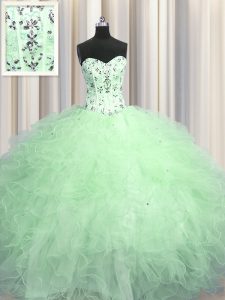 Sophisticated Visible Boning Floor Length Apple Green Quinceanera Dress Tulle Sleeveless Beading and Appliques and Ruffl