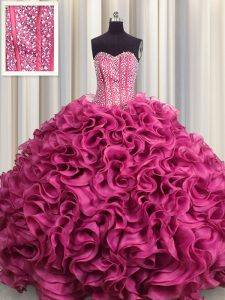Visible Boning Floor Length Ball Gowns Sleeveless Hot Pink 15 Quinceanera Dress Lace Up