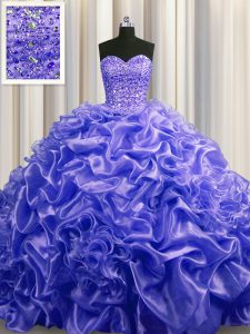 Fashionable Purple Organza Lace Up Sweet 16 Dress Sleeveless With Train Court Train Beading and Pick Ups