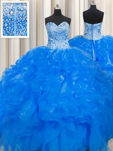 Flare Visible Boning Beaded Bodice Blue Organza Lace Up Sweetheart Sleeveless Floor Length Sweet 16 Dresses Beading and 