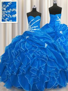 Colorful Blue Sleeveless Beading and Appliques and Ruffles Floor Length Quince Ball Gowns