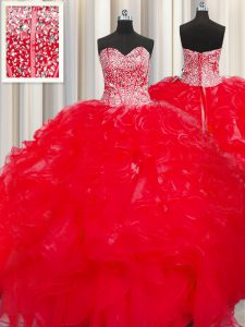 Traditional Visible Boning Beaded Bodice Sweetheart Sleeveless Organza Quinceanera Gown Beading and Ruffles Lace Up