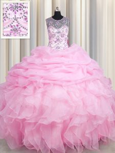 See Through Rose Pink Sleeveless Floor Length Beading and Ruffles and Pick Ups Lace Up Quince Ball Gowns