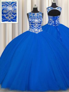 Best Selling Royal Blue Ball Gowns Scoop Sleeveless Tulle Floor Length Lace Up Beading Sweet 16 Dress