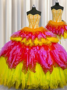 Three Piece Visible Boning Floor Length Lace Up 15 Quinceanera Dress Multi-color for Military Ball and Sweet 16 and Quin