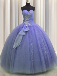 Low Price Sleeveless Tulle Floor Length Lace Up Ball Gown Prom Dress in Lavender with Beading and Sequins and Bowknot