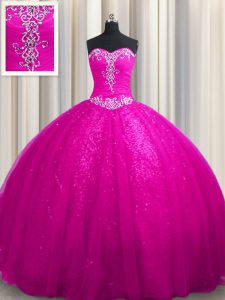 Glamorous Sweetheart Sleeveless Sweet 16 Dress With Train Court Train Beading and Appliques Fuchsia Tulle and Sequined