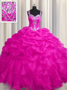 Glamorous See Through Zipper Up Floor Length Zipper 15th Birthday Dress Hot Pink for Military Ball and Sweet 16 and Quin