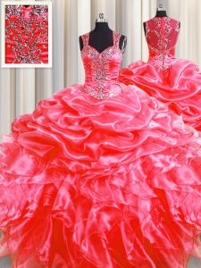 Modern Pick Ups Zipper Up See Through Back Coral Red Straps Zipper Beading and Ruffles Quince Ball Gowns Sweep Train Sle
