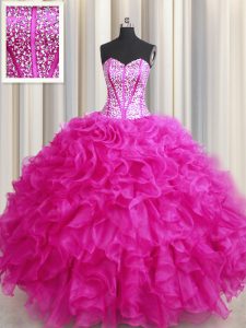 Visible Boning Bling-bling Hot Pink Ball Gowns Organza Sweetheart Sleeveless Beading and Ruffles Floor Length Lace Up Sw