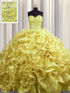 Vintage Court Train Gold Sweetheart Neckline Beading and Pick Ups Quinceanera Dresses Sleeveless Lace Up