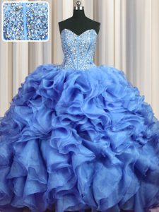 Ideal Visible Boning Bling-bling With Train Baby Blue Quinceanera Gown Sweetheart Sleeveless Brush Train Lace Up
