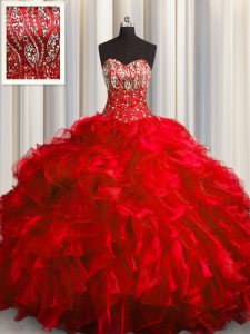 Free and Easy Brush Train Ball Gowns Quinceanera Dress Red Sweetheart Organza Sleeveless With Train Lace Up