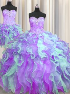 Custom Design Three Piece Ball Gowns Sweet 16 Dresses Multi-color Sweetheart Organza Sleeveless Floor Length Lace Up