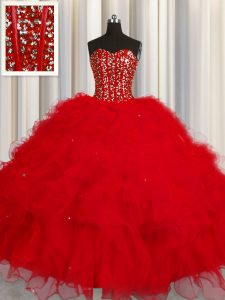 Visible Boning Red Sleeveless Tulle Lace Up Quinceanera Dress for Military Ball and Sweet 16 and Quinceanera