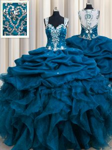 Glorious Zipple Up See Through Back Teal Ball Gowns Organza Straps Sleeveless Beading and Ruffles and Sequins and Pick U