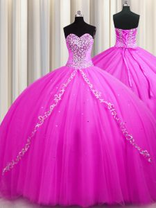 Sweep Train Tulle Sweetheart Sleeveless Lace Up Beading 15th Birthday Dress in Rose Pink