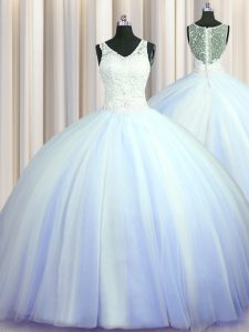 Lovely See Through Zipper Up Sleeveless Tulle With Brush Train Zipper Quinceanera Gowns in Light Blue with Beading and A