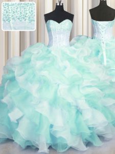 Two Tone Visible Boning Sweetheart Sleeveless Organza 15 Quinceanera Dress Beading and Ruffles Lace Up
