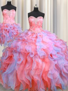 Three Piece Multi-color Organza Lace Up Sweetheart Sleeveless Floor Length Sweet 16 Dresses Beading and Appliques and Ru