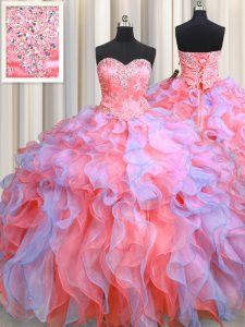 Pretty Sleeveless Organza Floor Length Lace Up Vestidos de Quinceanera in Multi-color with Beading and Appliques and Ruf