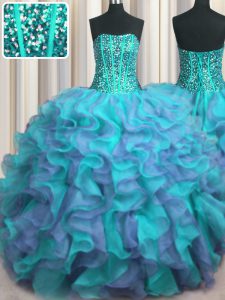 Perfect Visible Boning Beaded Bodice Sleeveless Beading and Ruffles Lace Up Quinceanera Dresses