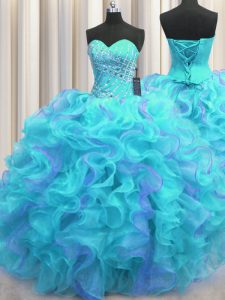 Chic Sleeveless Floor Length Beading and Ruffles Lace Up Sweet 16 Quinceanera Dress with Multi-color