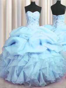 Free and Easy Visible Boning Baby Blue Lace Up Sweetheart Beading and Ruffles and Pick Ups Sweet 16 Dress Organza Sleeve