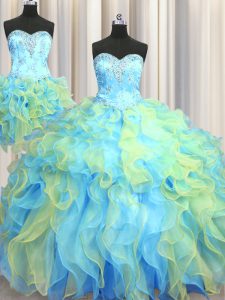 Three Piece Multi-color Organza Lace Up Sweetheart Sleeveless Floor Length Quince Ball Gowns Beading and Appliques and R