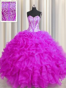 Most Popular Visible Boning Beaded Bodice Fuchsia Ball Gowns Beading and Ruffles 15th Birthday Dress Lace Up Organza Sle