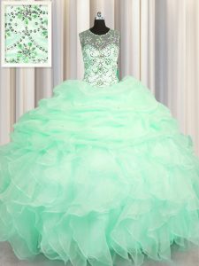 Scoop See Through Floor Length Lace Up Vestidos de Quinceanera Apple Green for Military Ball and Sweet 16 and Quinceaner