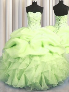 Comfortable Pick Ups Visible Boning Floor Length Yellow Green 15th Birthday Dress Sweetheart Sleeveless Lace Up