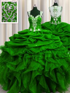 Adorable See Through Back Green Ball Gowns Straps Sleeveless Organza Floor Length Zipper Beading and Ruffles and Sequins