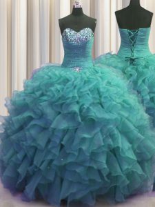 Best Beaded Bust Turquoise Sleeveless Organza Lace Up Sweet 16 Quinceanera Dress for Military Ball and Sweet 16 and Quin