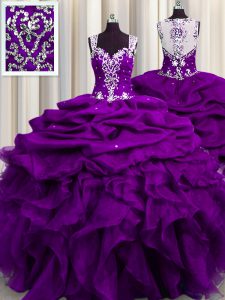 Fantastic See Through Back Floor Length Zipper Ball Gown Prom Dress Purple for Military Ball and Sweet 16 and Quinceaner