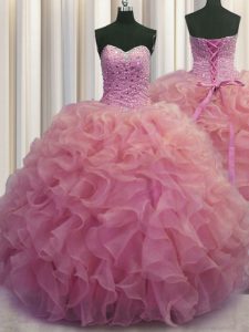 Floor Length Watermelon Red Ball Gown Prom Dress Organza Sleeveless Beading and Ruffles