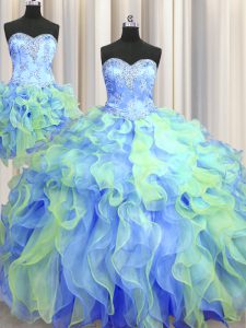 Three Piece Sweetheart Sleeveless Sweet 16 Quinceanera Dress Floor Length Beading and Appliques and Ruffles Multi-color 