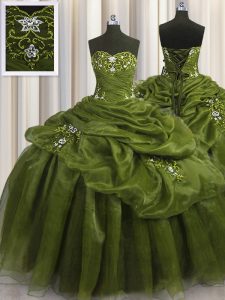 Floor Length Olive Green Quinceanera Gown Organza Sleeveless Beading and Appliques and Pick Ups